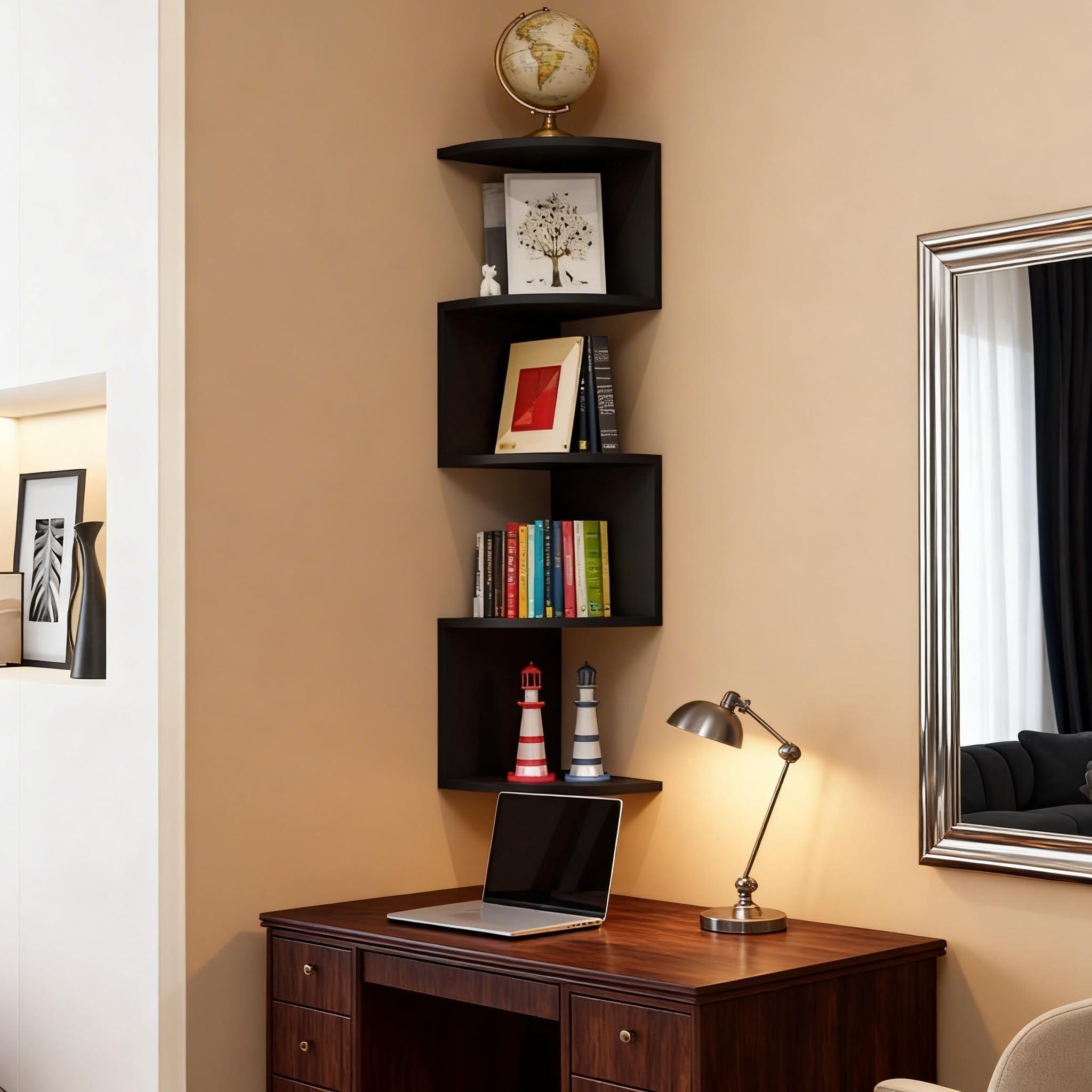 Five-Tier Floating Corner Bookshelf, Space-Saving Zigzag Plant Shelf for Bedroom Living Room Bathroom Home Office