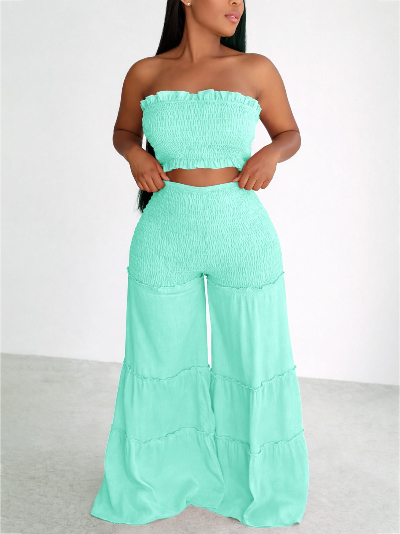 Women's Frill Trim Shirred Flare Leg Pants Set, Boho Casual Crop Tube Top & High Waist Trousers for Beach Holiday Vacation, Ladies Summer Clothes