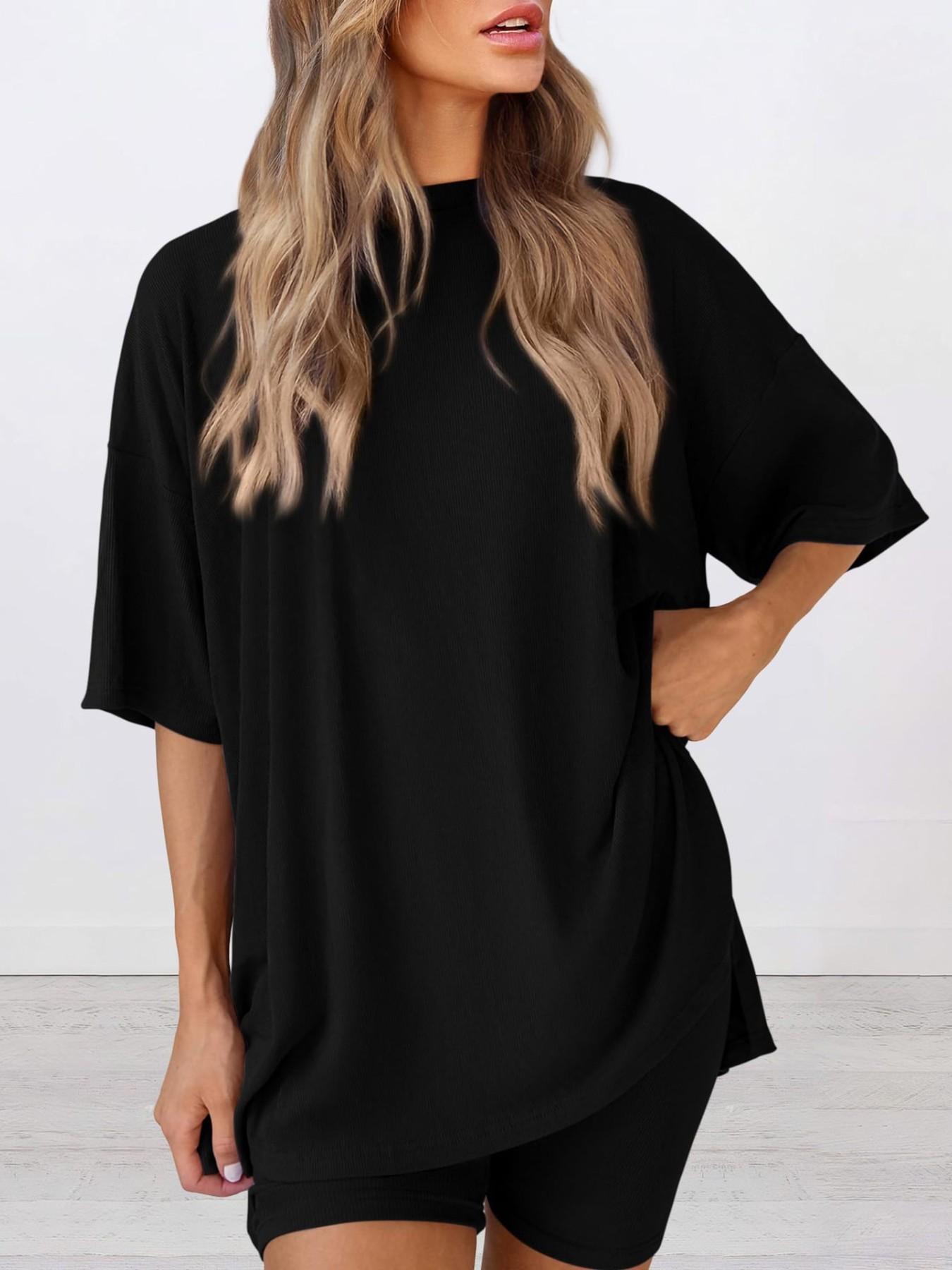 Women's Two Piece Lounge Set Summer Casual Oversized Shirts Biker Shorts Indoor Outdoor Casual Set