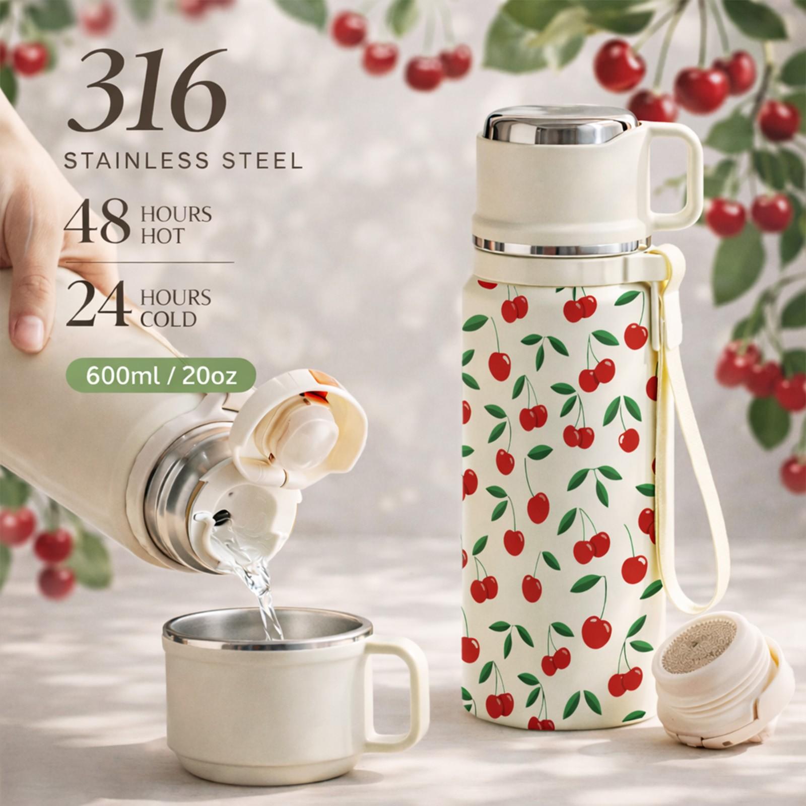 1 Pc Vacuum Cup, 600ml Thermal Mug, Double Wall Insulated Mug, Leak Proof Skinny Tumbler With Handle And Strap, 24 Hours Hot 48 Hours Cold, Portable Travel Mug For Coffee Tea Juice Water, Gift For Women Men Holiday Daily Use