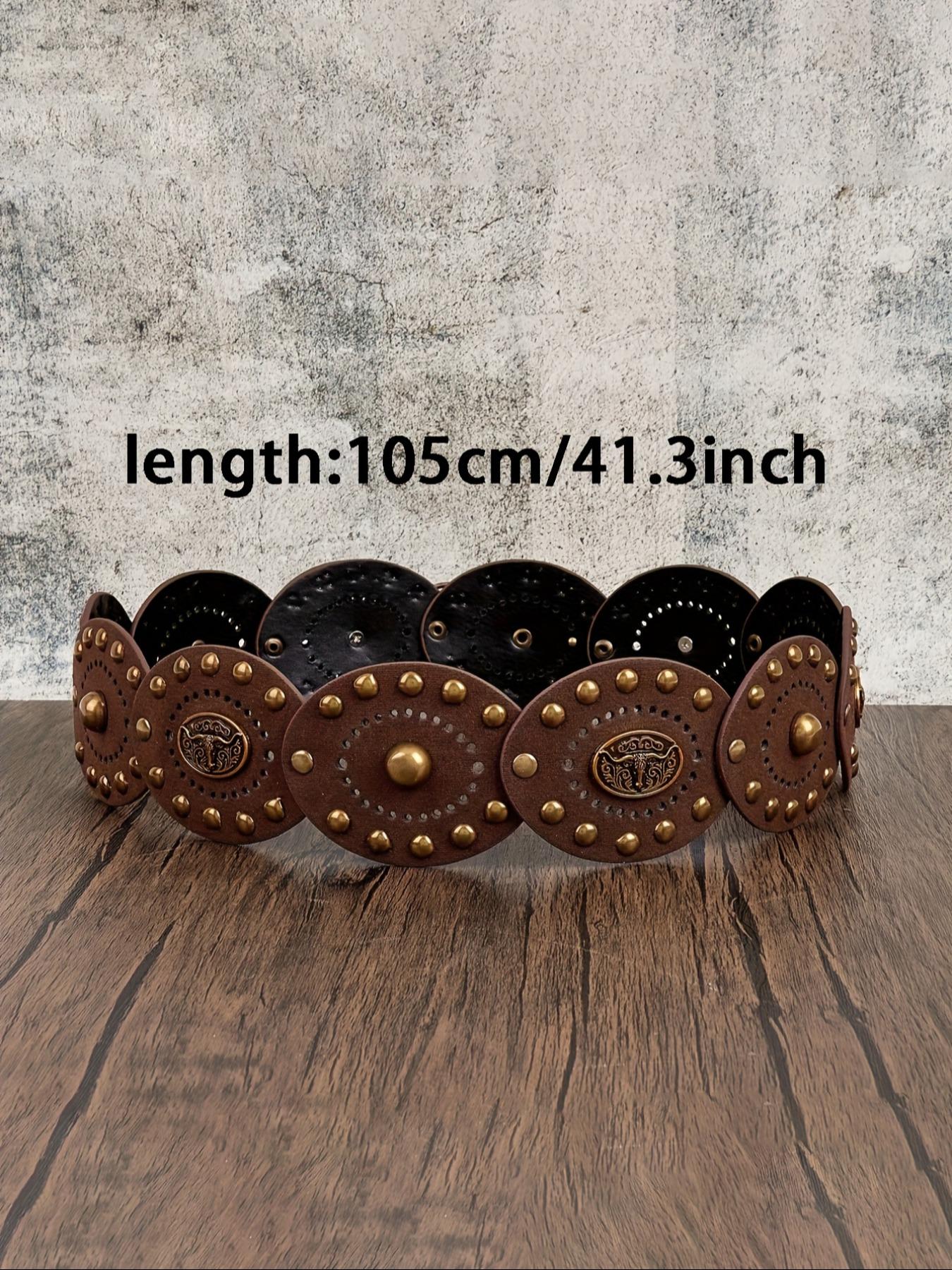 Women's Western Cowboy Style Wide Belt, PU Leather Patchwork, Antique Copper Rivets, Bohemian Carved Bull Head Buckle, Cowboy Cowgirl Belt