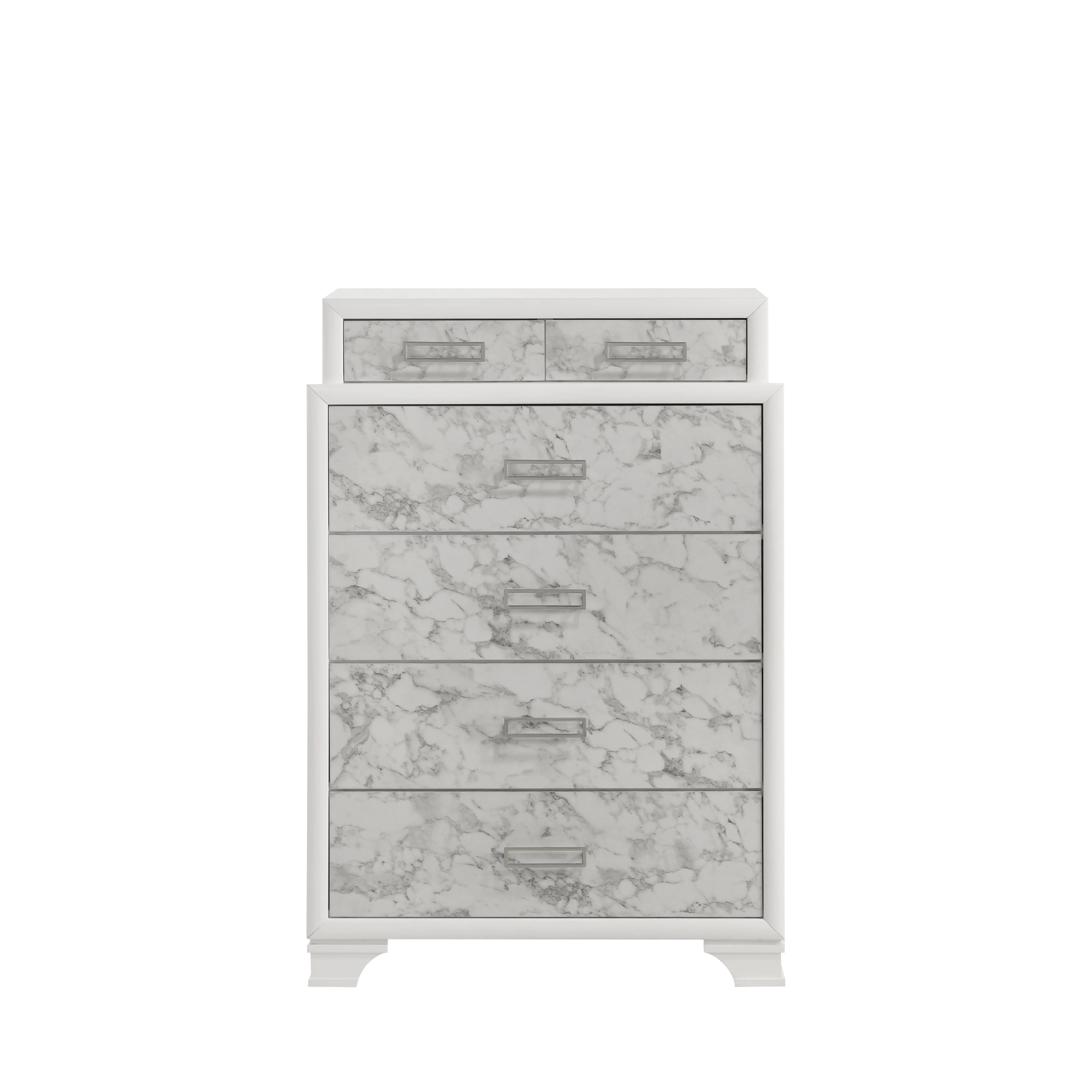 Nokaa Modern White Chest of Drawers for Bedroom, 6-Drawer Wood Dresser with Marble Accents, Compact Vertical Storage Cabinet, Sturdy MDF & Solid Wood Construction, Silver-Tone Handles, Space-Saving Bedroom Furniture Organizer