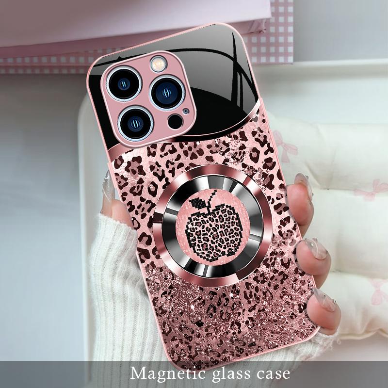 Trending “Affordable Luxury” Pink Glitter Mermaid Scale & Leopard Print MagSafe Glass Case for iPhone 14 Pro Max — 9435