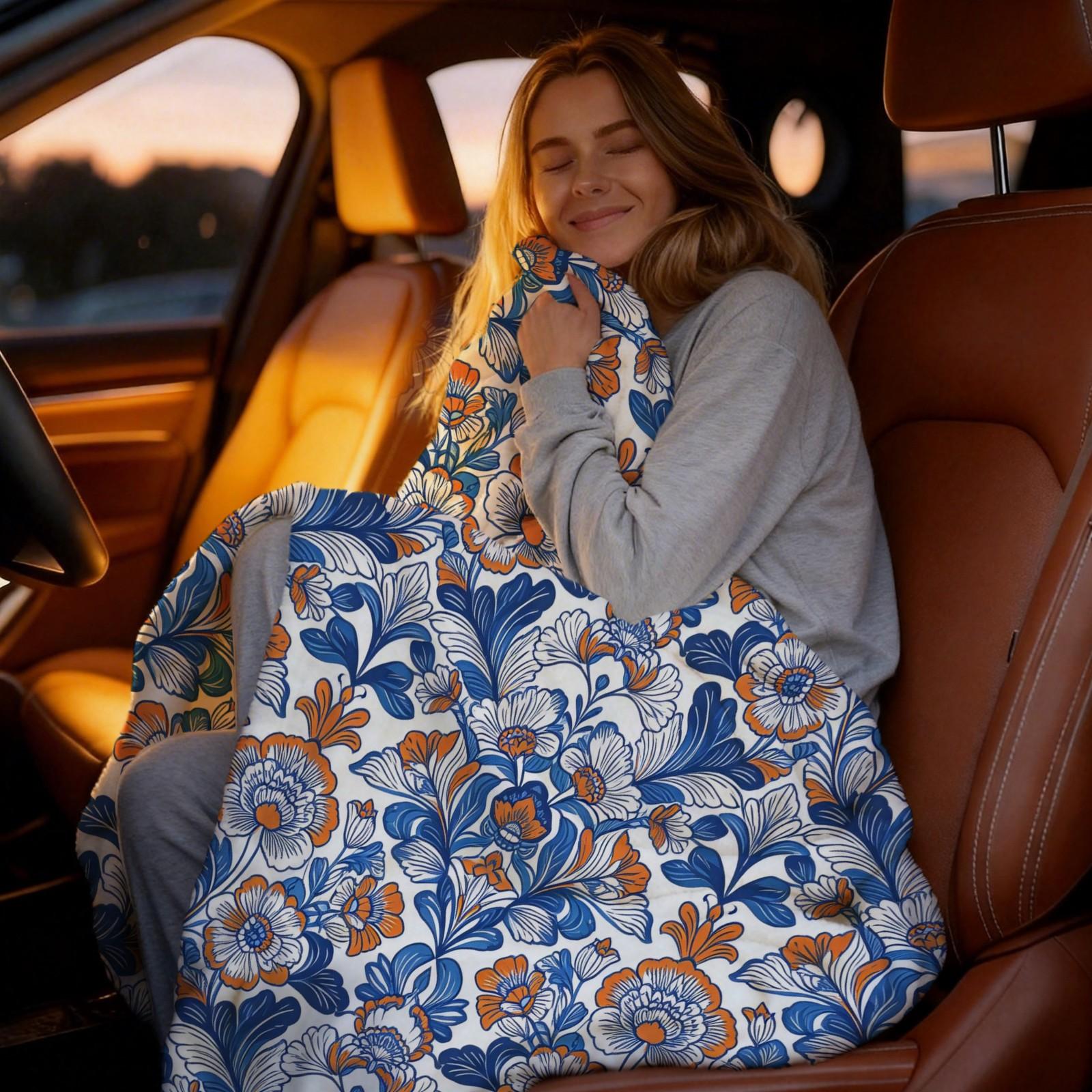 1 Piece Bohemian Blue Orange Floral Throw Blanket, HD Digital Single-Sided Printed Flannel Blanket, Super Soft Cozy Plush Gift Blanket for Sofa, Bed, Travel and Camping Decor