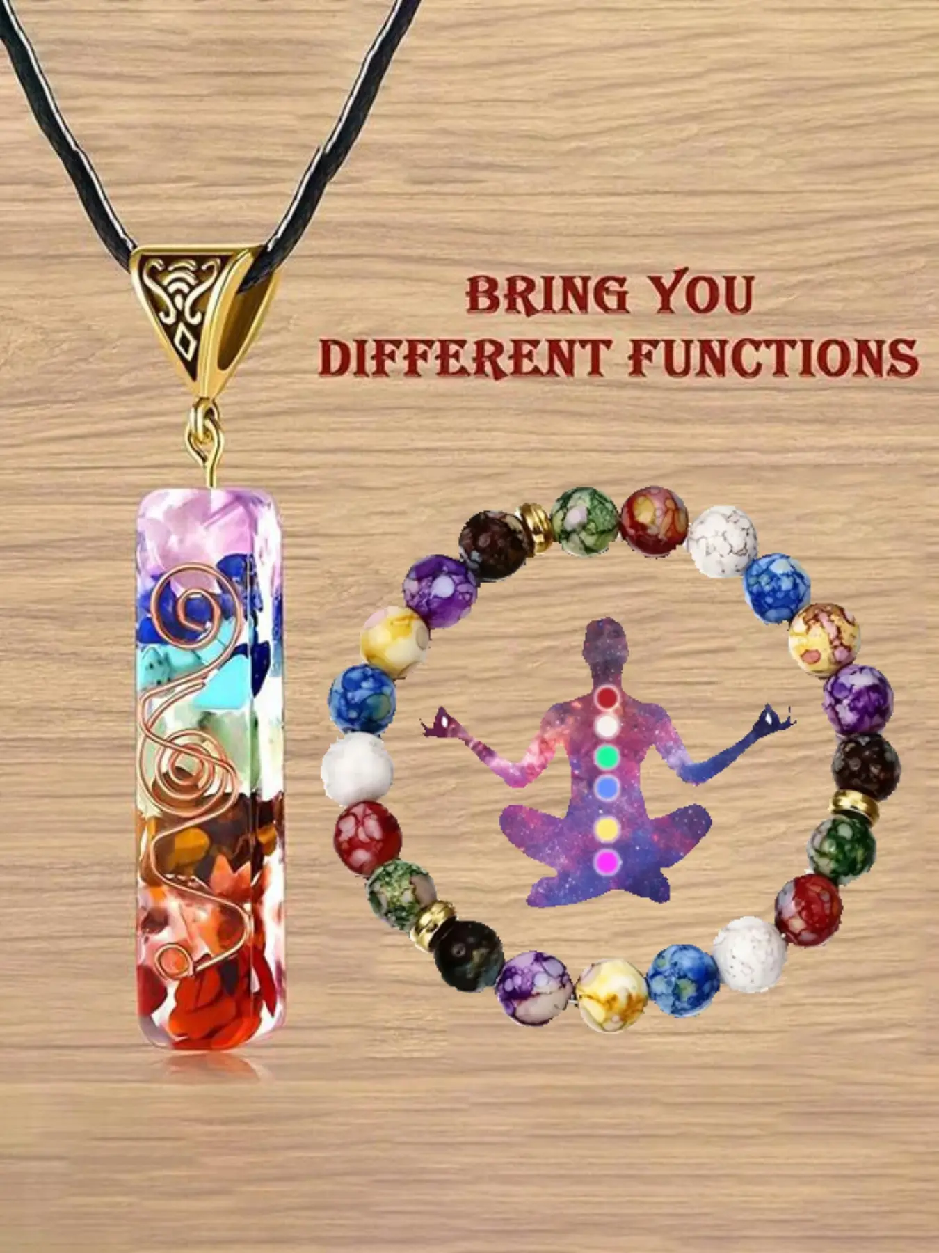 Seven Chakra Energy Crystal Beaded Bracelet and Necklace Set, Multicolor Gemstone Pendant, Yoga Meditation Jewelry, Spiritual Balance, Unisex Gift