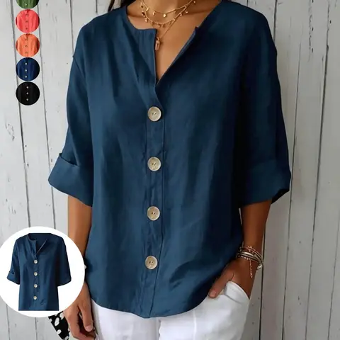Women's Loose-Fit V-Neck Button Shirt, Summer Fashion Plain Top, Available in Orange, Black, Beige, Military Green, Ideal for Home, Work, Shopping