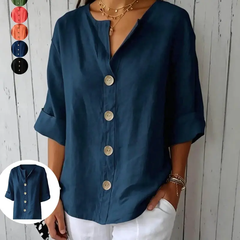 Women's Loose-Fit V-Neck Button Shirt, Summer Fashion Plain Top, Available in Orange, Black, Beige, Military Green, Ideal for Home, Work, Shopping