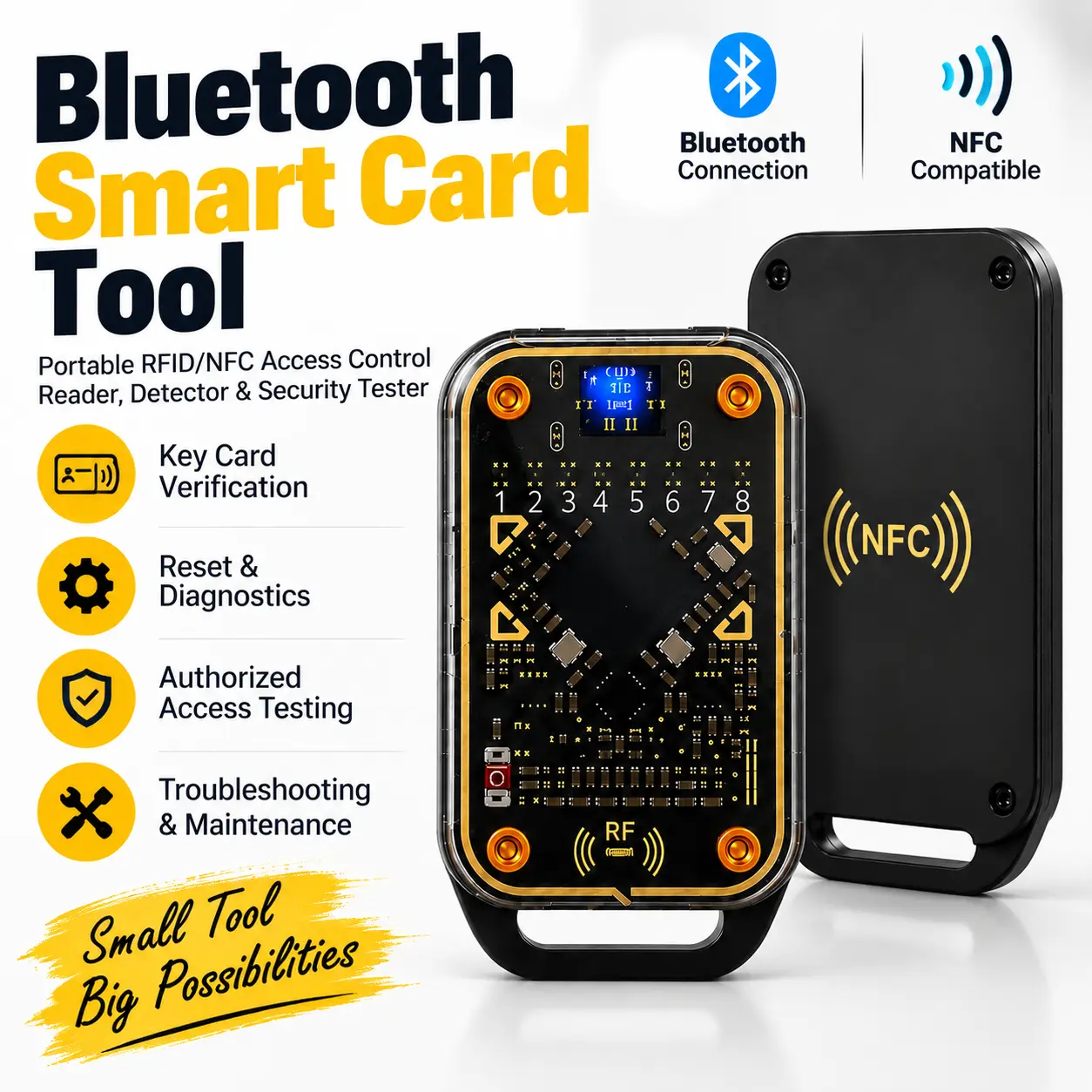 Portable RFID NFC Smart Card Reader and Tester, Bluetooth Access Control Diagnostic Tool for Key Card Verification, System Troubleshooting, Reset Functions and Door Entry Maintenance