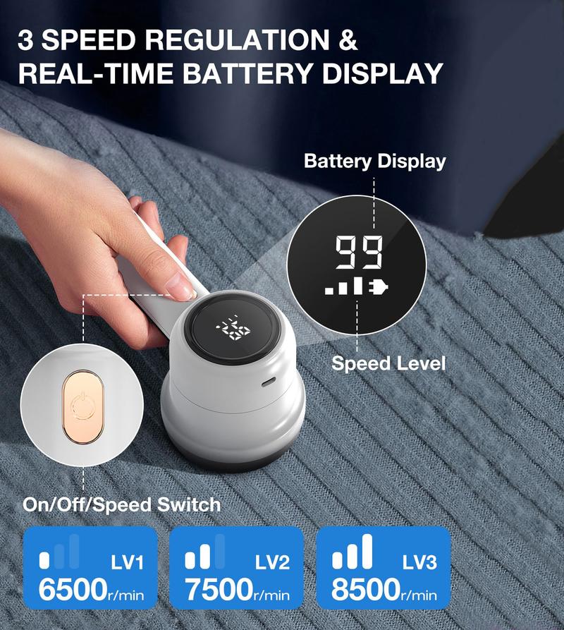 Electric Fabric Defuzzer Lint Remover Cutter Pellet Machine for Clothes - Efficient,  rechargeable, lint collection container, LED digital display, 6-blade blade, safety lock, 3 speeds, 2600mAh, suitable for clothes, sweaters, sheets, sofa