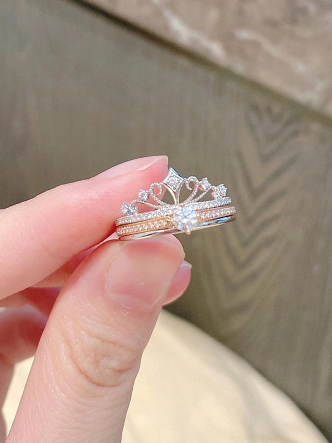 Fireworks Castle Ring Princess Sparkling Crown Ring Stackable Double-Layer Two-in-One Adjustable Rose Gold Versatile, Engagement/Wedding Ring, Exquisite Jewelry Gift, for Wife, Girlfriend, Family, Delicate Christmas, Valentine's Day, Anniversary Gift