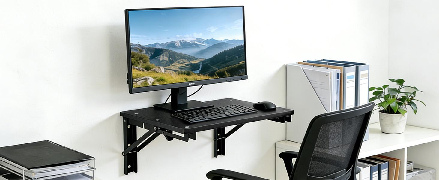 Folding Shelf Wall Mounted for Small Space, Wooden Wall Table for Living Room Bedroom Decor, Office Floating Fold Down Desk, Media Shelves with Heavy-Duty Brackets, 21.7Inches Black