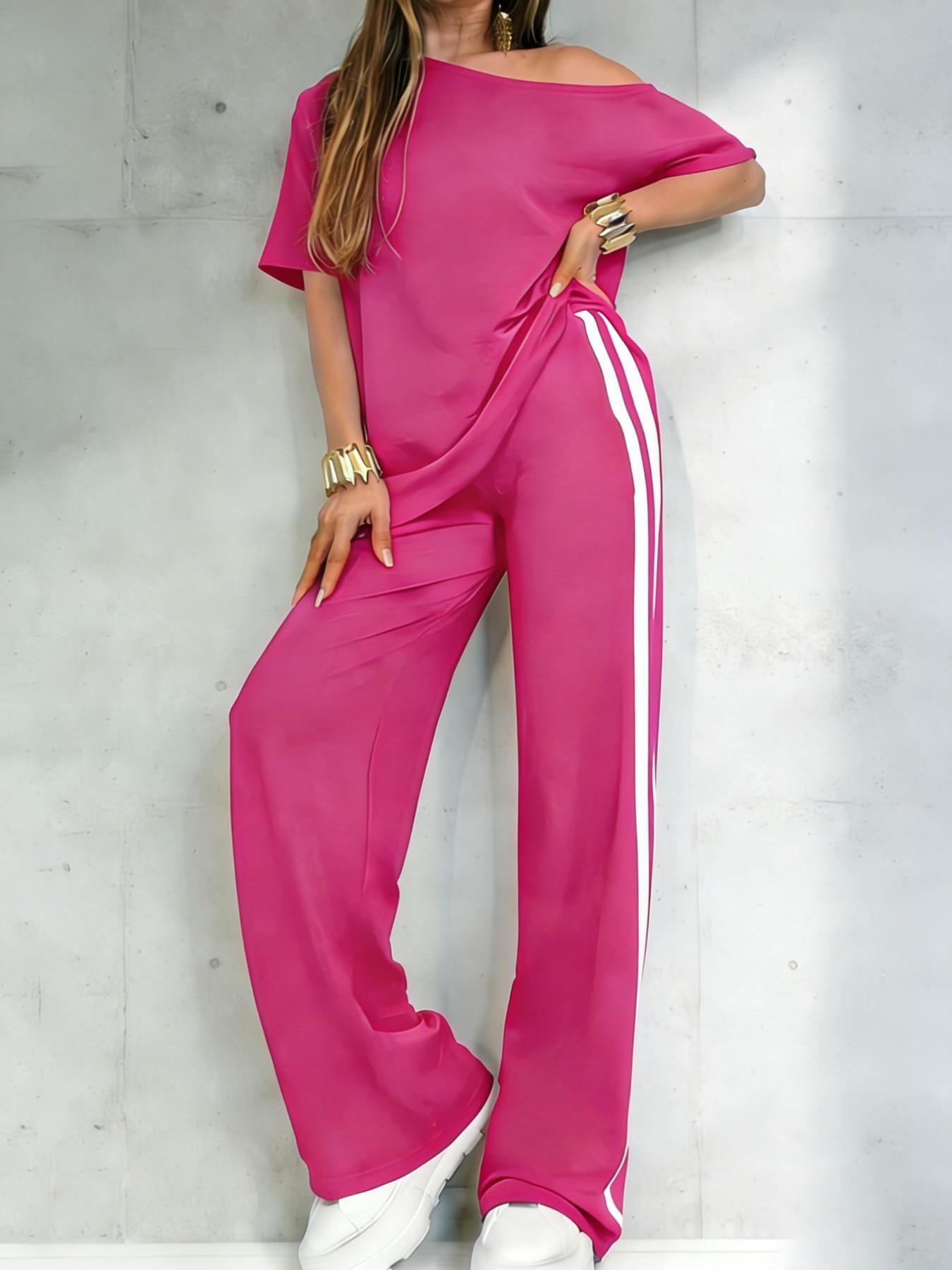 Women's Casual Sportswear Set, One-Shoulder Short Sleeve Top and Striped Long Pants, Spring Summer Two-Piece, Versatile Fashion