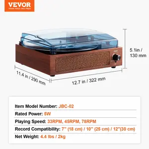 VEVOR Vinyl Record Player, 3-Speed, Belt Driven Turntable Player with Built-in 5W Stereo Speakers Magnetic Cartridge, Support 33/45/78 RPM Bluetooth Aux in RCA Output, for 7/10/12 in Vinyl Records