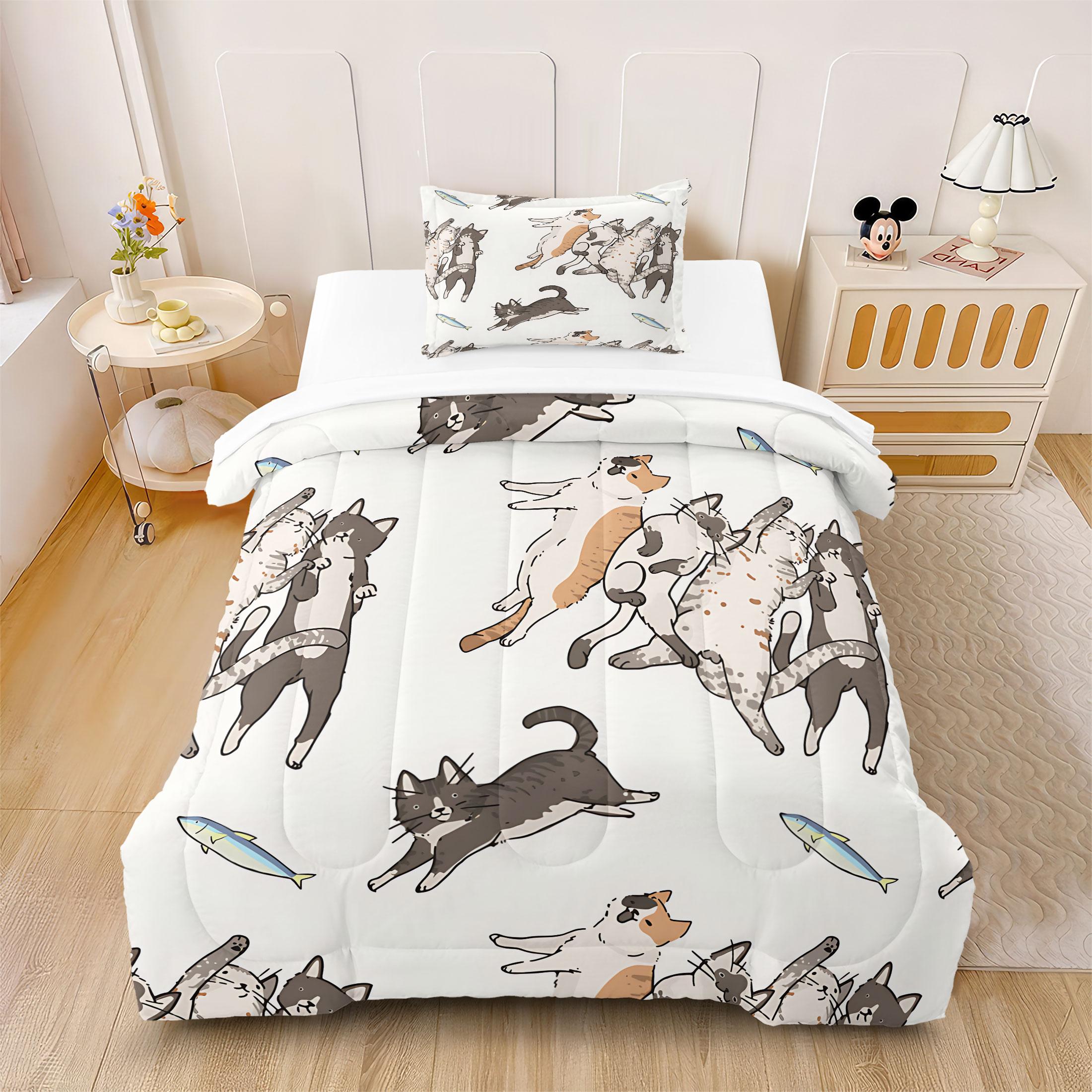 2/3 Pcs Funny Cute Cat Digital Print Comforter Set, Cartoon Kitten Themed Bedding Set, Soft Warm Breathable & Fade Resistant, Perfect for Cat Lovers Bedroom Dorm Guest Room Decor, All Season Cozy Use - Without Pillow Insert