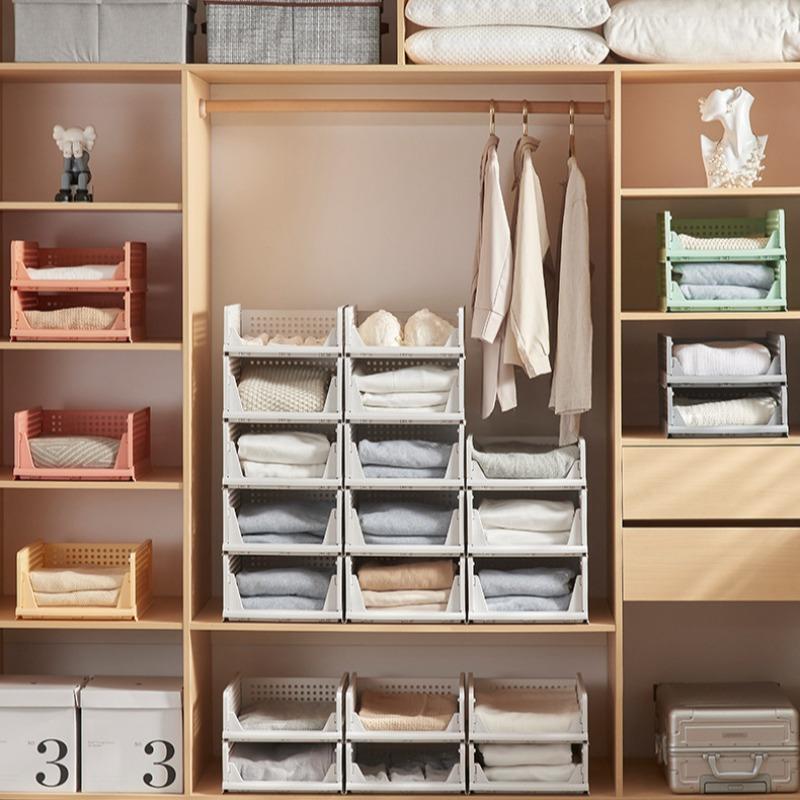 2pcs Multifunctional Foldable Storage Boxes, Space Saving Closet Organizers for Bathroom Kitchen Organization, Drawer Style Plastic Shelves, Folding Storage Bin, Collapsible Stackable Storage