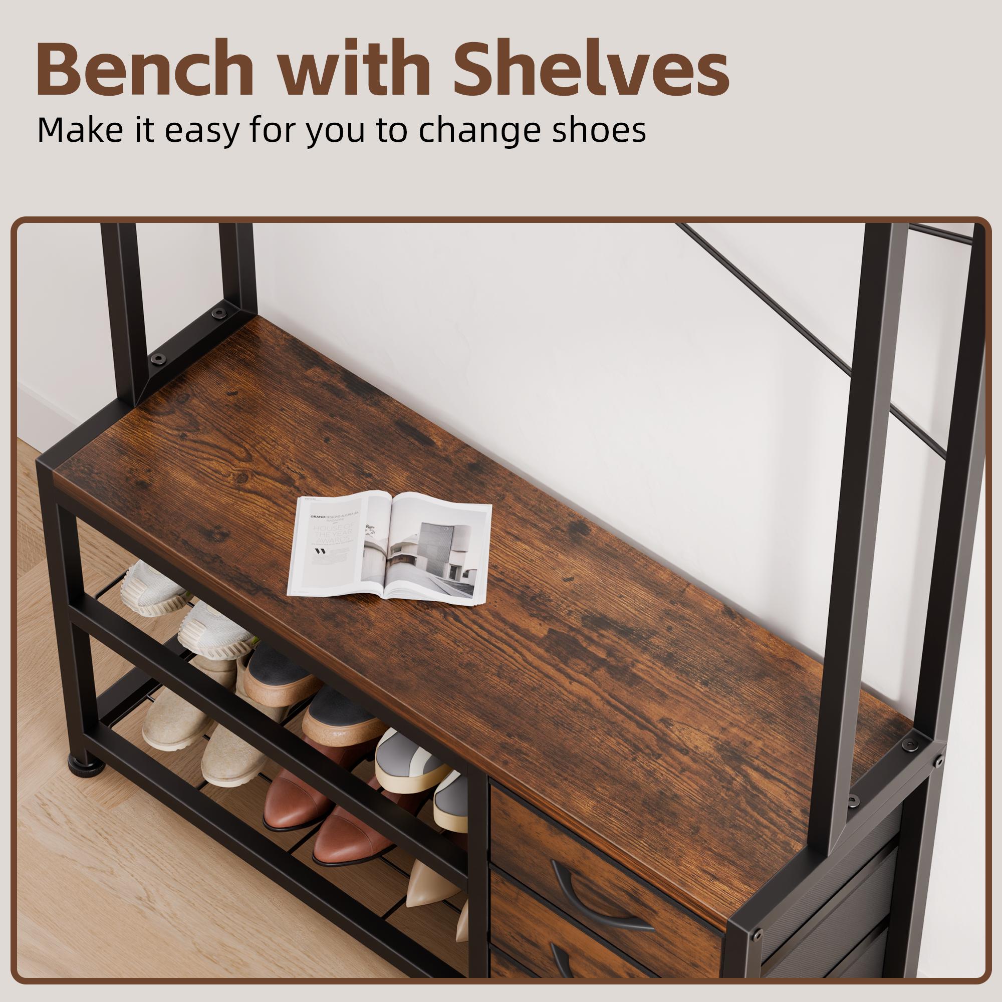 Aowos Hall Tree with Bench and Shoe Storage, 31”/39” Freestanding Entryway Storage Cabinet, 5-in-1 Coat Rack and Shoe Bench with Wall Organizer, 17 Hooks, Drawers and Shelves, Space-Saving Hall Tree for Entryway, Hallway, Foyer