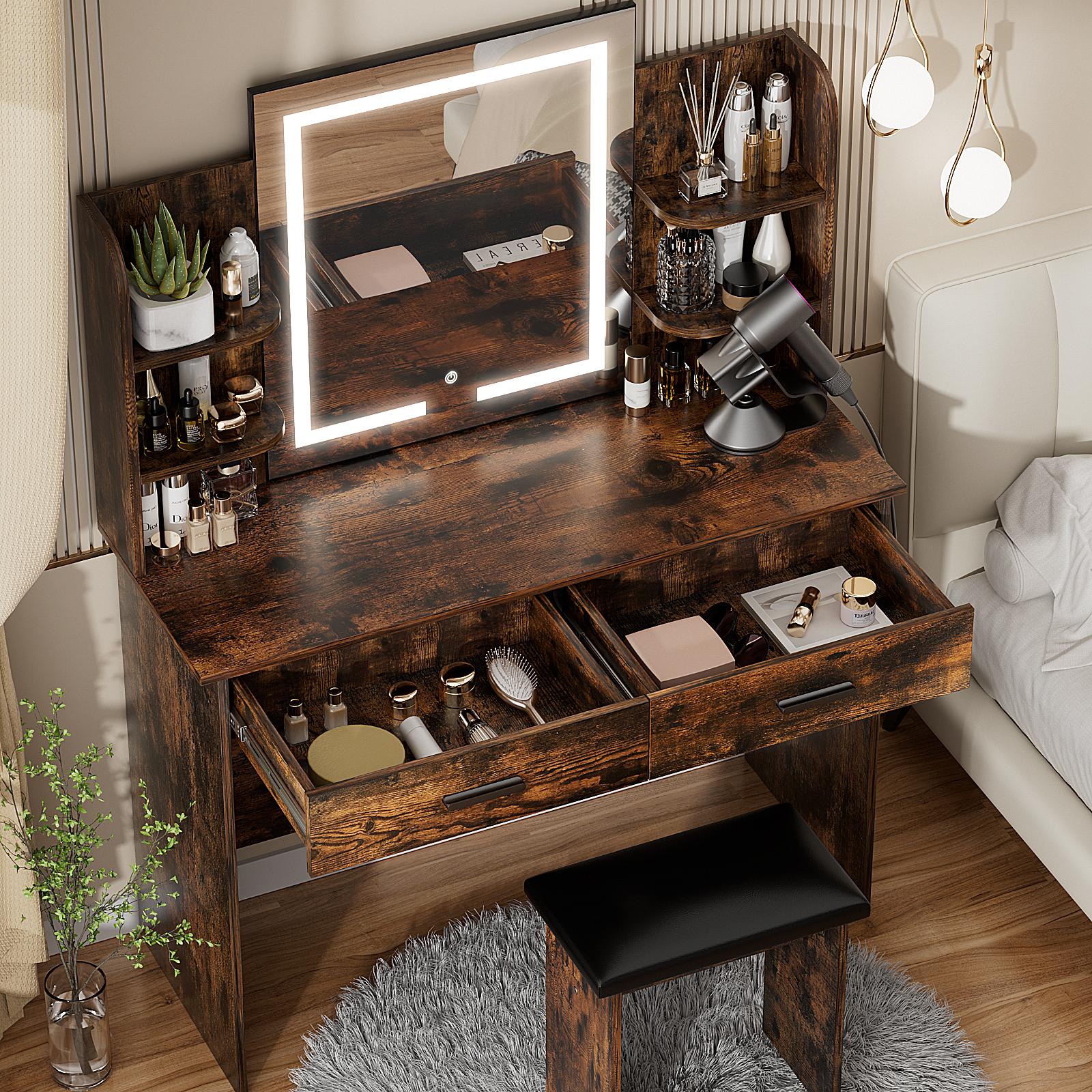 VOWNER Modern Makeup Vanity Desk with Lighted Mirror,2 Drawers,6 Storage Shelves and Cushioned Stool