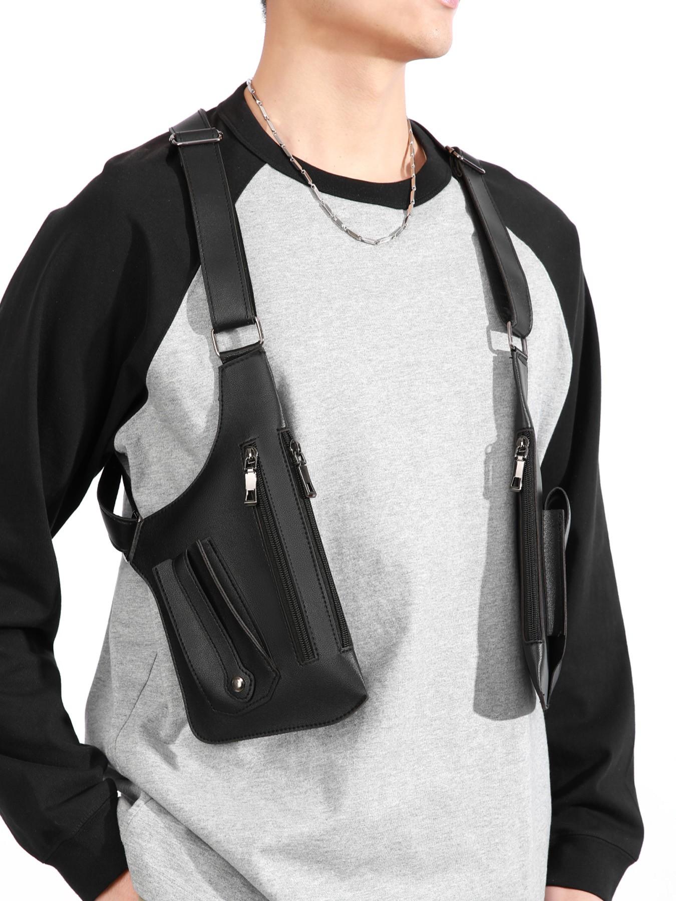 1pc Tactical style PU leather shoulder bag for men, multi pocket adjustable shoulder strap functional shoulder bag, cyberpunk style workwear armpit bag, trendy and cool outfit with vest bag