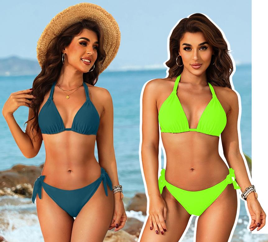 Aqua Eve Women Halter Bikini Set - Two Piece Triangle Swimsuit Tie Bathing Suit Cute Swimwear