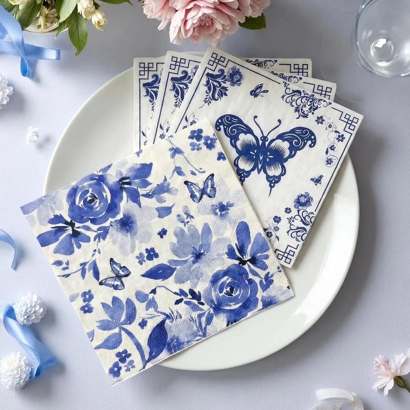 Blue Floral Bird Pattern Napkins, 2 Packs (20 Sheets/pack), Traditional Style Disposable Napkins for Wedding Party Decorations