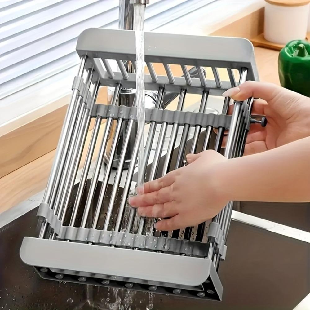 Heavy-duty stainless steel dish drying rack with drain tray, adjustable and rotatable drying rack with utensil and cup holders, Adjustable Dividers, space-saving kitchen countertop organizer, suitable for RVs, dormitories, efficient drainage system