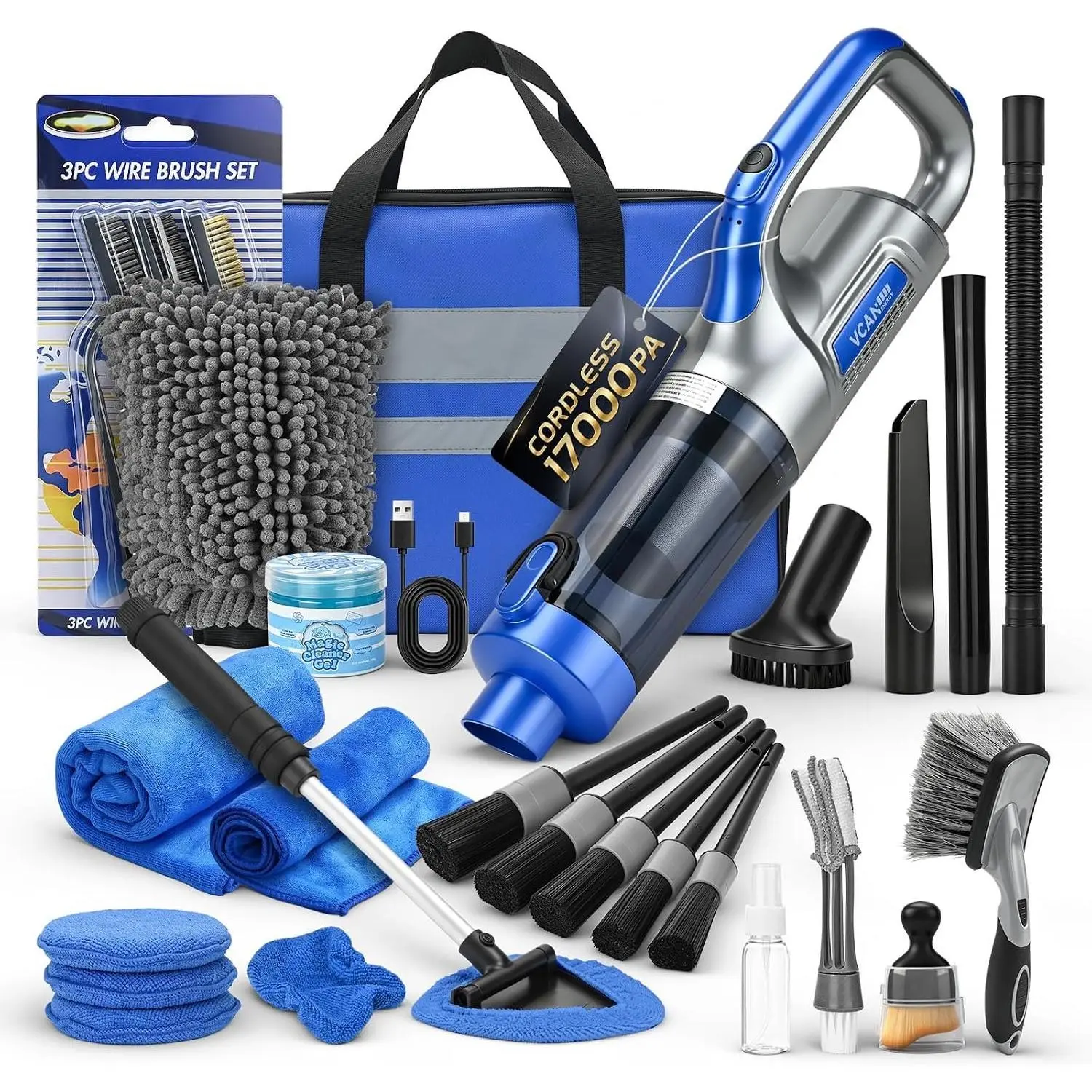 29-Piece Portable Car Interior Detailing Cleaning Kit (Blue) for Men, 17000PA High-Power Cordless Rechargeable Handheld Vacuum, Detailing Brushes, Windshield Cleaner, Tire Brush