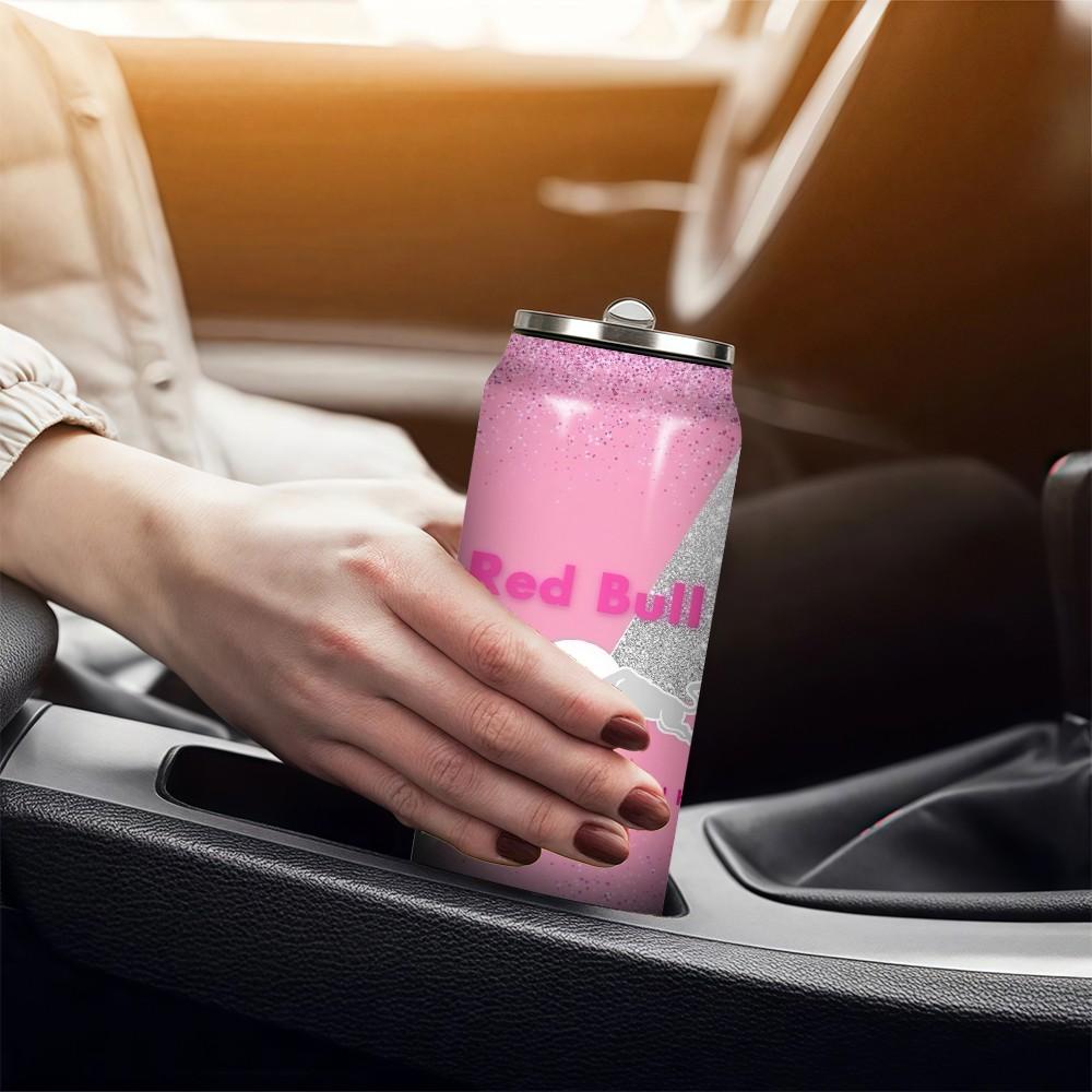 1pc 17oz Red Bull Pink Glitter Vacuum Insulated Mug, Portable Stainless Steel Cup with Lid, Ideal Sports & Coffee Mug for Family Friends, Great for Camping, Outdoor & Holiday Gifts