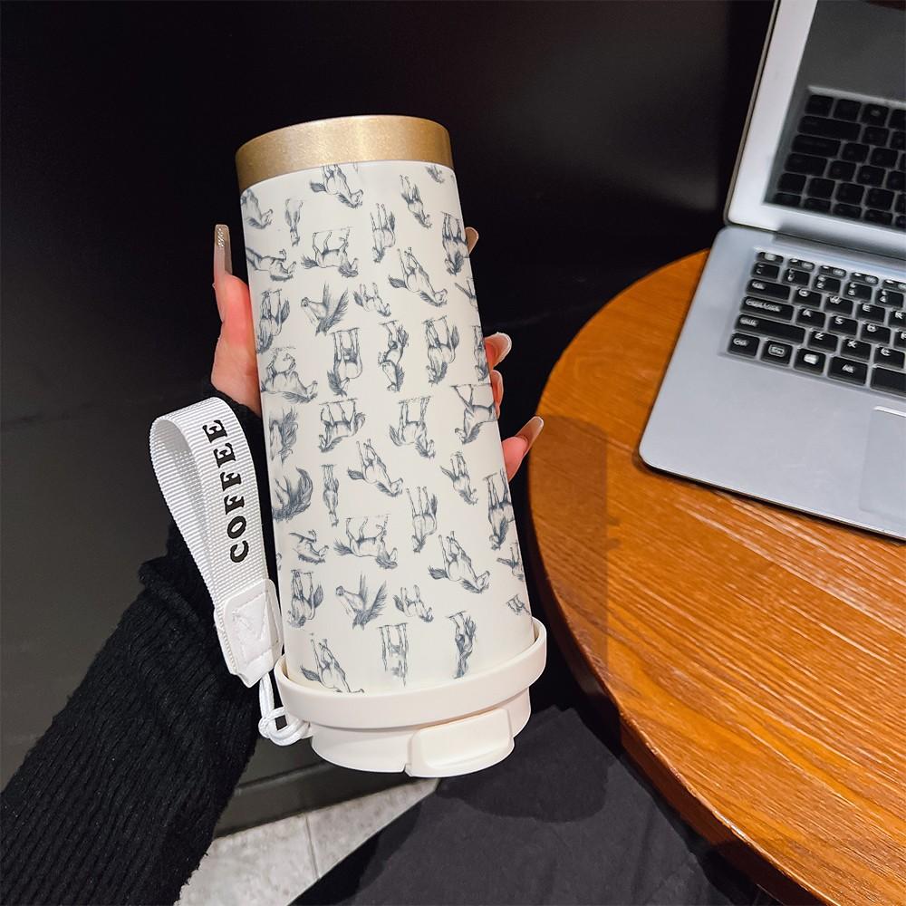 Abstract Hand-Painted Horse Texture Coffee Cup, Portable Dual Drink Insulated Mug, Keeps Hot/cold, Boho Style, Office, Travel, Outdoor Essential