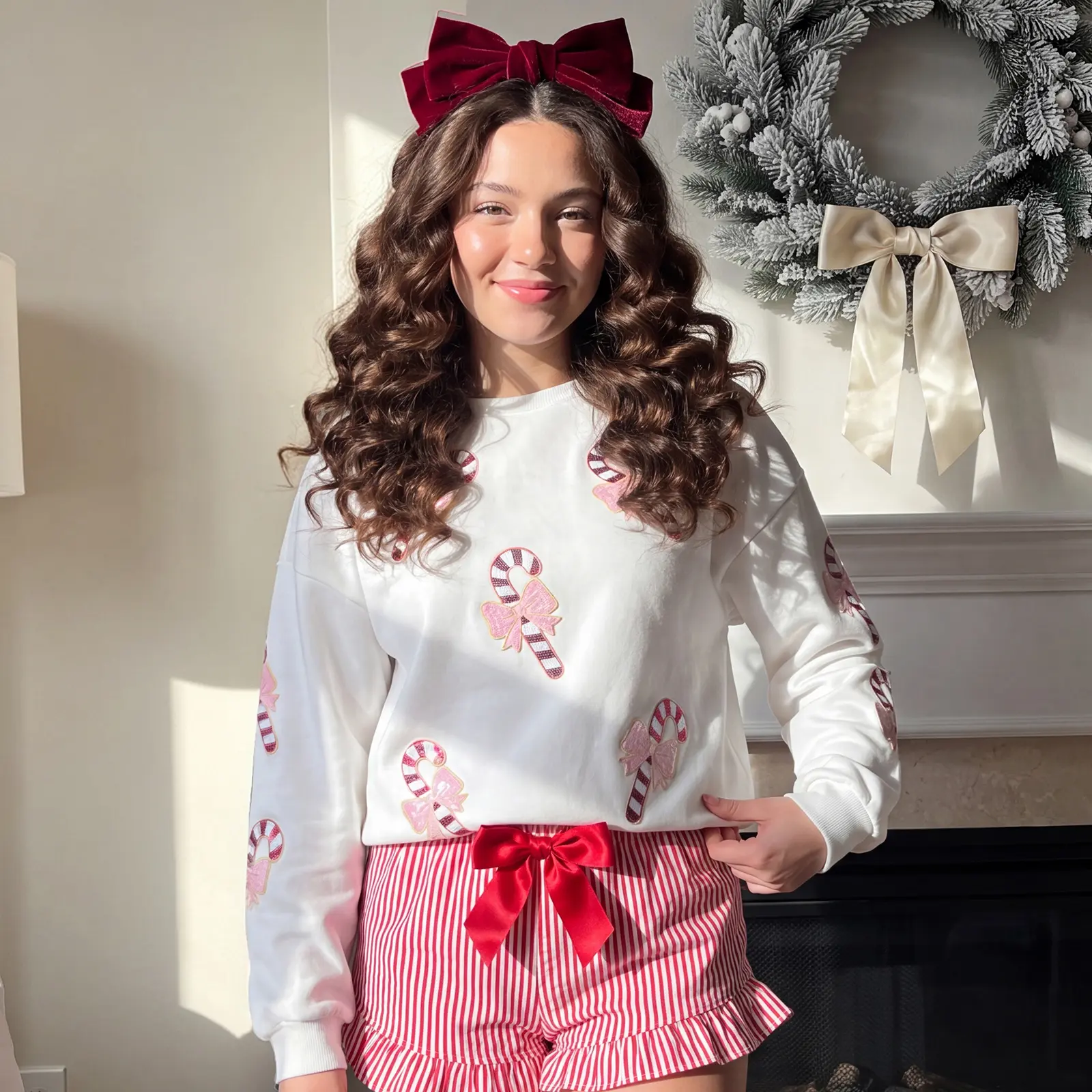 Women Christmas Sweatshirts Sequined Candy Cane Patch Loose Pullovers