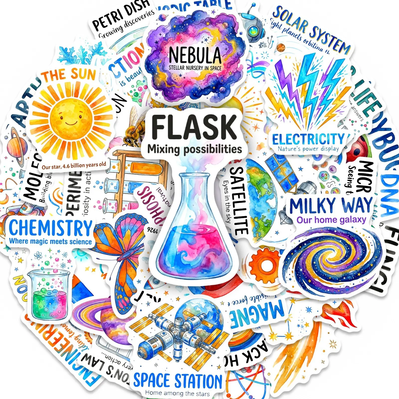 50 Pieces of Math, Physics and Chemistry Themed Stickers Decals, Decal Set, Suitable for Scrapbooks, Diaries, Laptops, Water Bottles, Cars and More, Ideal As Creative Birthday Gifts