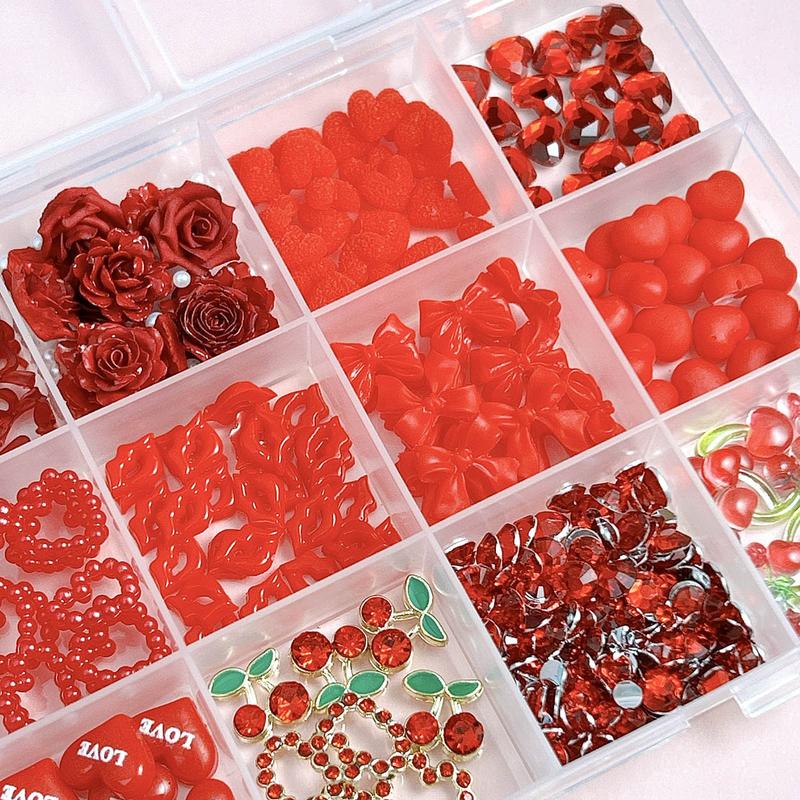 1 Box Valentine's Day Red Nail Charms 3D Creative Resin Heart Bow Mouth Alloy Cherry Nail Art Decorations DIY Festive Manicure Supplies for Women & Grils