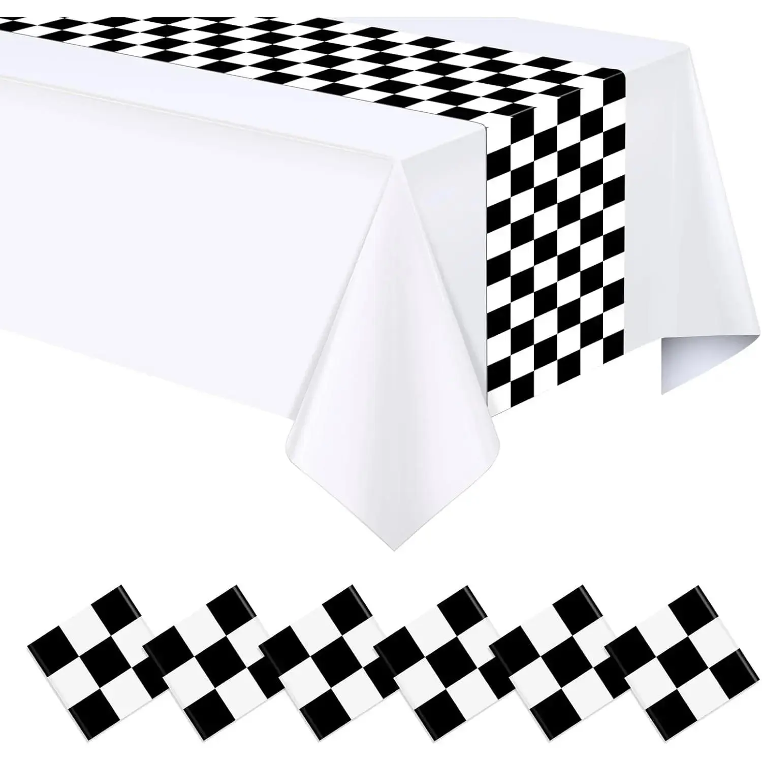 sohochic 6 pcs Modern Rustic Rectangle Plastic Table Runners, 14x108 in Black-White Checkered Waterproof Stain-Resistant Easy-to-Clean Home Decor for Dining Tables, Indoor-Outdoor Party Use (Dog & Cat Furniture Stairs-Ramps Universal Accessory)
