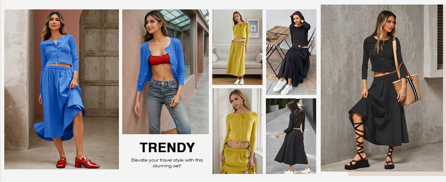 JovenPara Women's 2 Piece Lounge Sets Matching Ribbed Button Down Cardigan & Elastic Waist Skirt Sets gifts