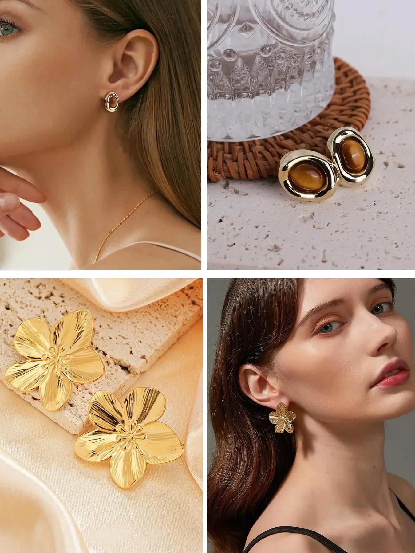 Women's Stylish Gold-Plated Pearl Embellished Earrings Set, Stylish Jewelry, Hypoallergenic Studs & Dangles, Ideal Gift for Her, 15 Pair Collection, Earring Stacking Set, Hypoallergenic Earrings Pack