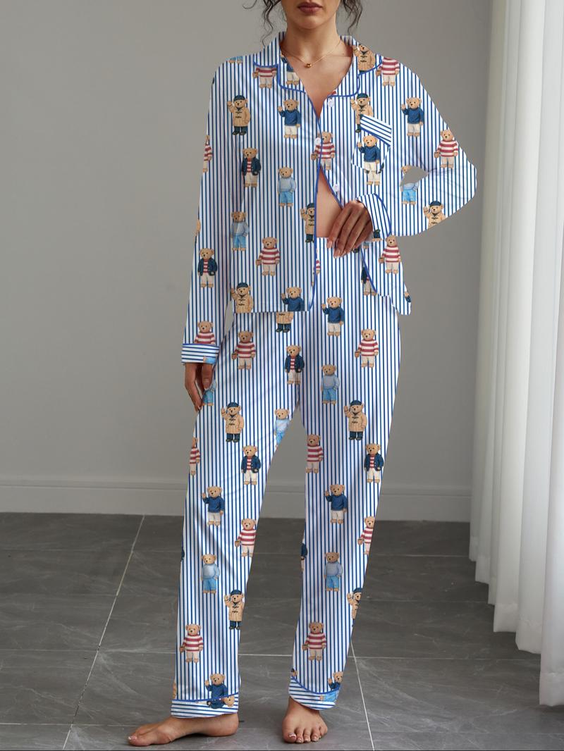 Women's Fall & Winter Pajama Set, Bear Print Sleepwear, Casual Long Sleeve Shirt and Elastic Pants, Soft and Stretchy Fabric