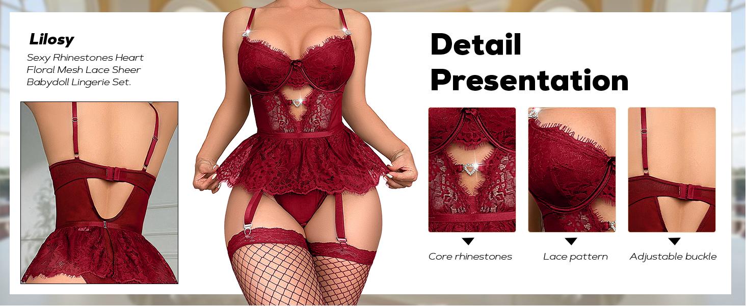Sexy Stocking Rhinestones Heart Garter Underwire Floral Mesh lace Sheer Babydoll Lingerie Teddy Bodysuit Skirt Set