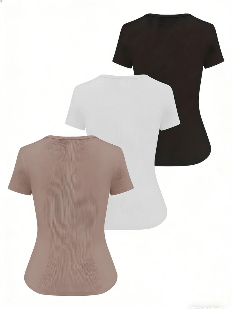 Women's Casual Slim-Fitting Short Sleeve Top, 3-Pack Plain Ribbed Square Neck T-Shirt, Medium Stretch Summer Basic Wear