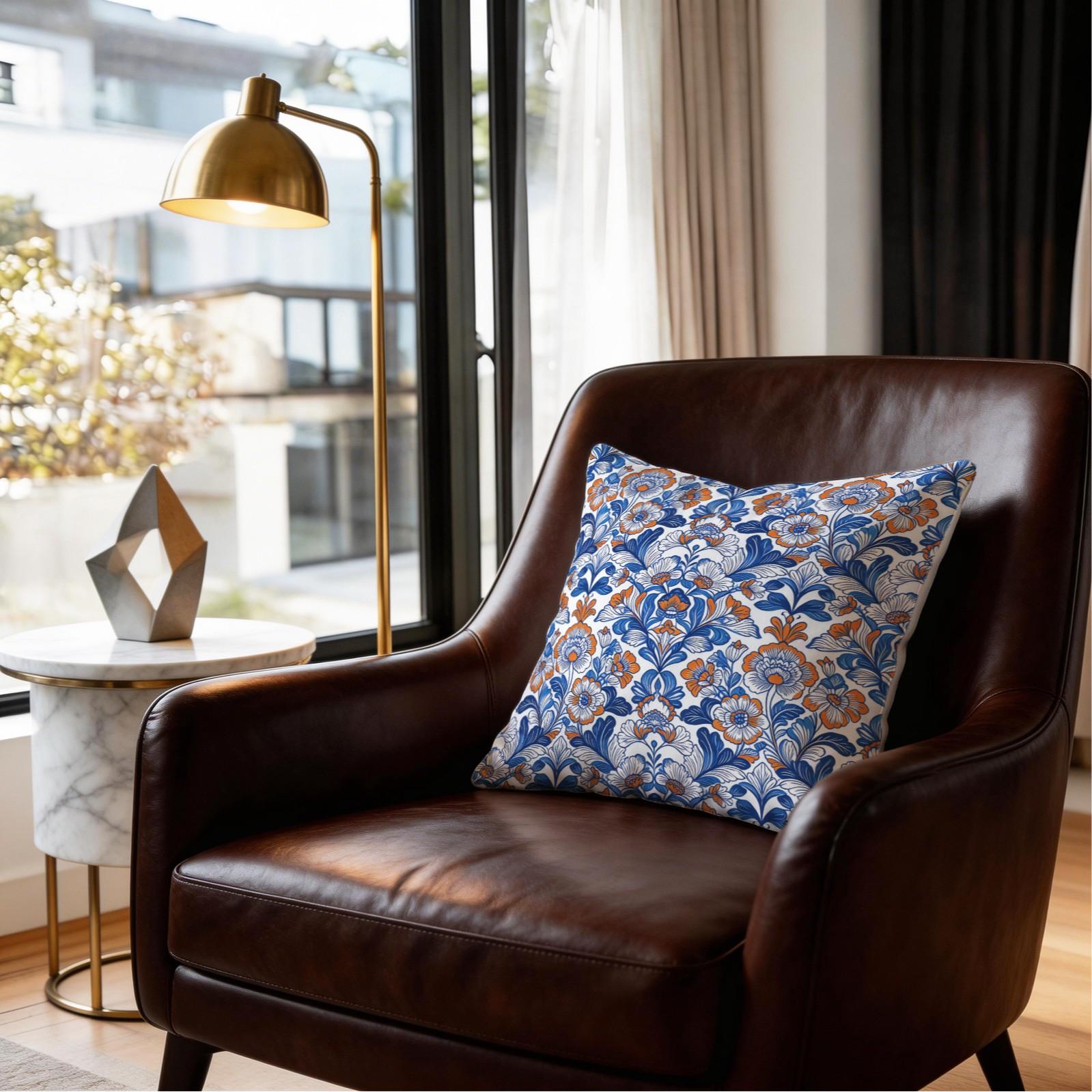 1 Piece Bohemian Blue Orange Floral Throw Pillow, HD Digital Printed Decorative Cushion, Aesthetic Boho Accent Pillow for Sofa, Couch, Bed and Living Room Home Decor