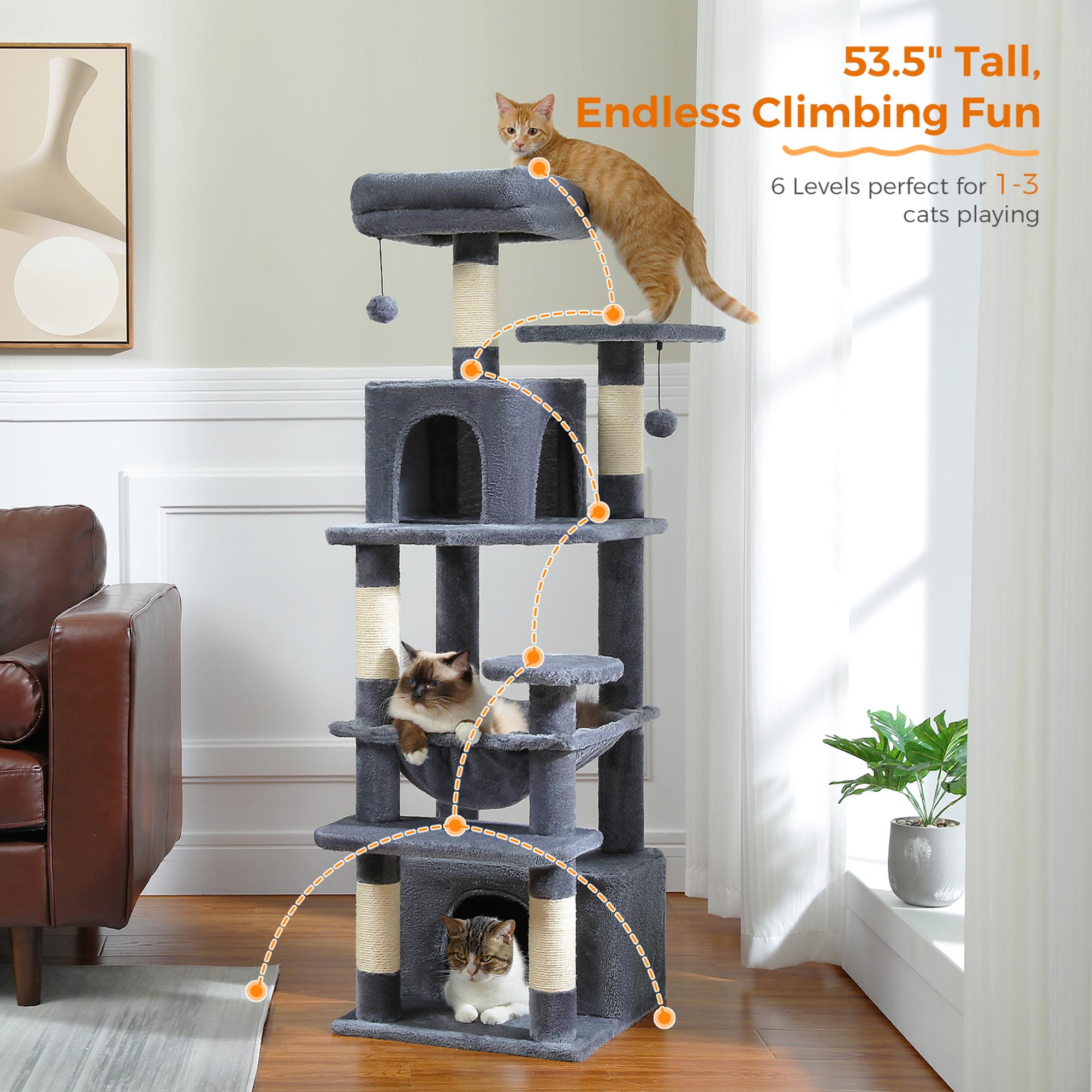 Large cat tree for large cats, litter box with sisal-covered scratching post and scratching pad, 2 padded perches, double litter box and cat basket for indoor cats