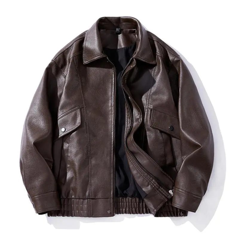 BIGWIG men's autumn and winter casual faux leather bomber jacket, fashionable modern motorcycle flight jacket, casual loose soft motorcycle jacket, lapel button zipper long sleeve with pocket jacket, PU leather