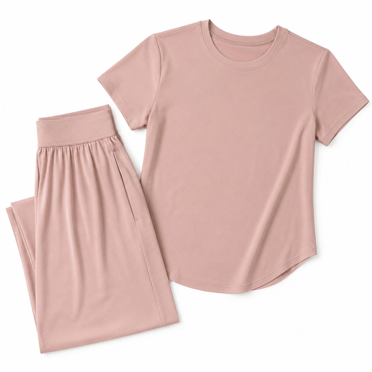 Women Dusty Pink 2 Piece Loungewear Matching Set, Crew Neck Short Sleeve Curved Hem T-Shirt + High Waist Elastic Pleated Wide Leg Pants With Side Pockets Soft Stretchy Knit Casual Daily Outfit