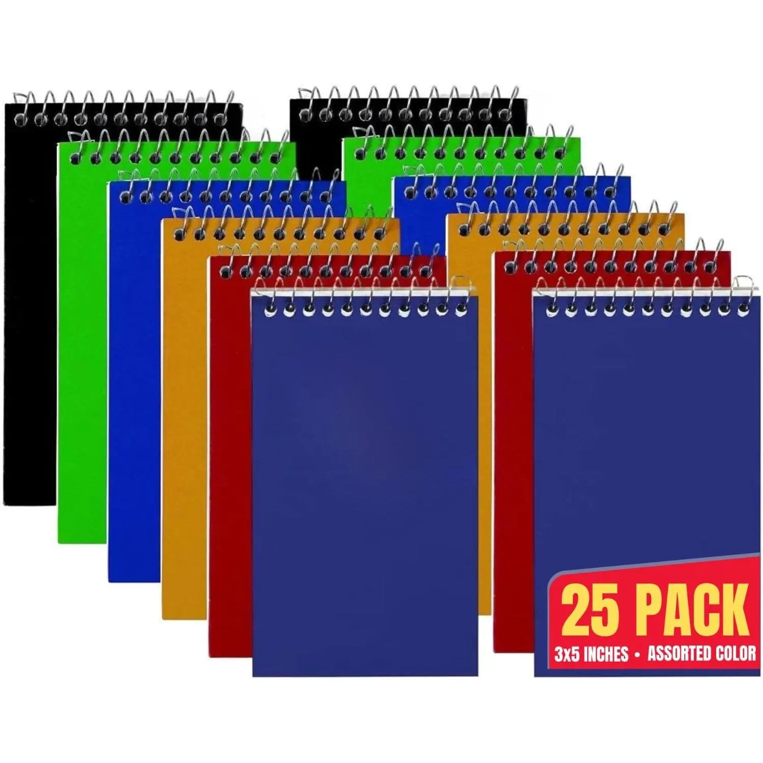 Wirebound Spiral Memo Books, Memo Pads, 3" x 5", College Ruled, Small Notepad 3x5, Assorted, 75 Sheets/Pad, 25 Pads/Pack