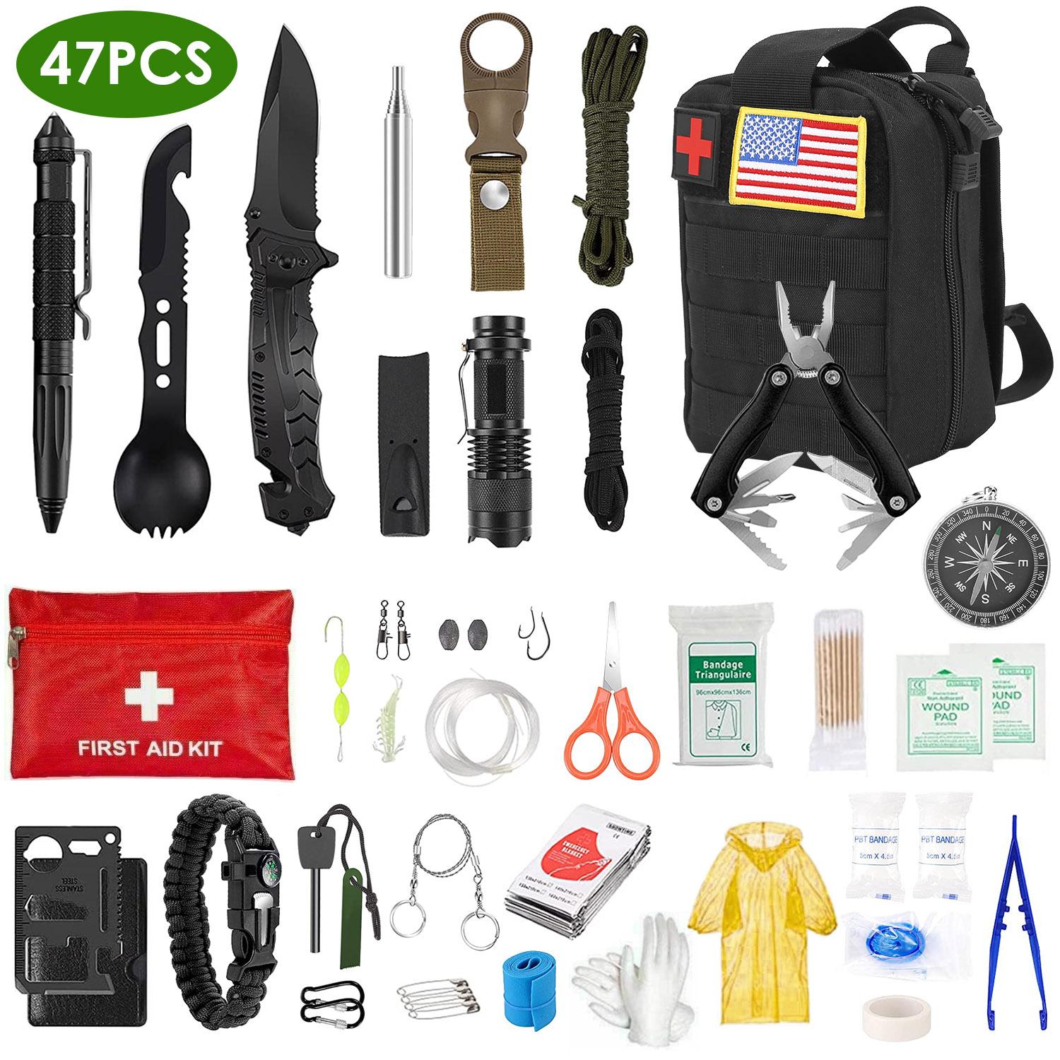 47Pcs Emergency Survival Kit Survival EDC Gear Equipment Tool First Aid Supplies Kit Tools with Pouch for Hiking Hunting Disaster Camping Adventure,summervibes summerwins