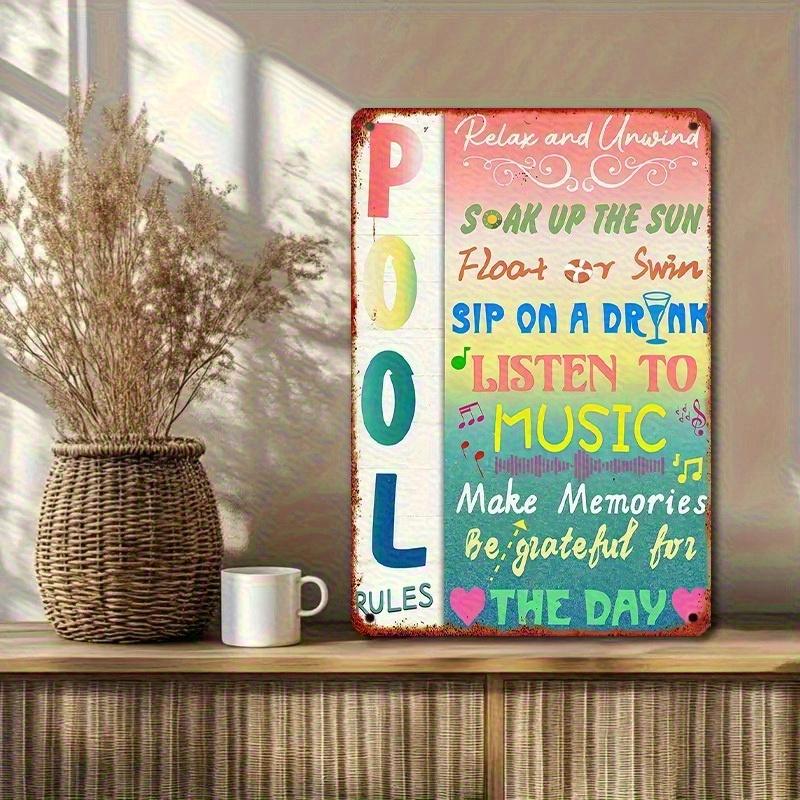 Vintage Pool Rules Cast Iron Metal Plaque - 8x12in Rustproof Rectangular Wall Art, Boho Home Decor with Funny Sayings, Universal for Outdoor Decor, Indoors Bathroom Patio