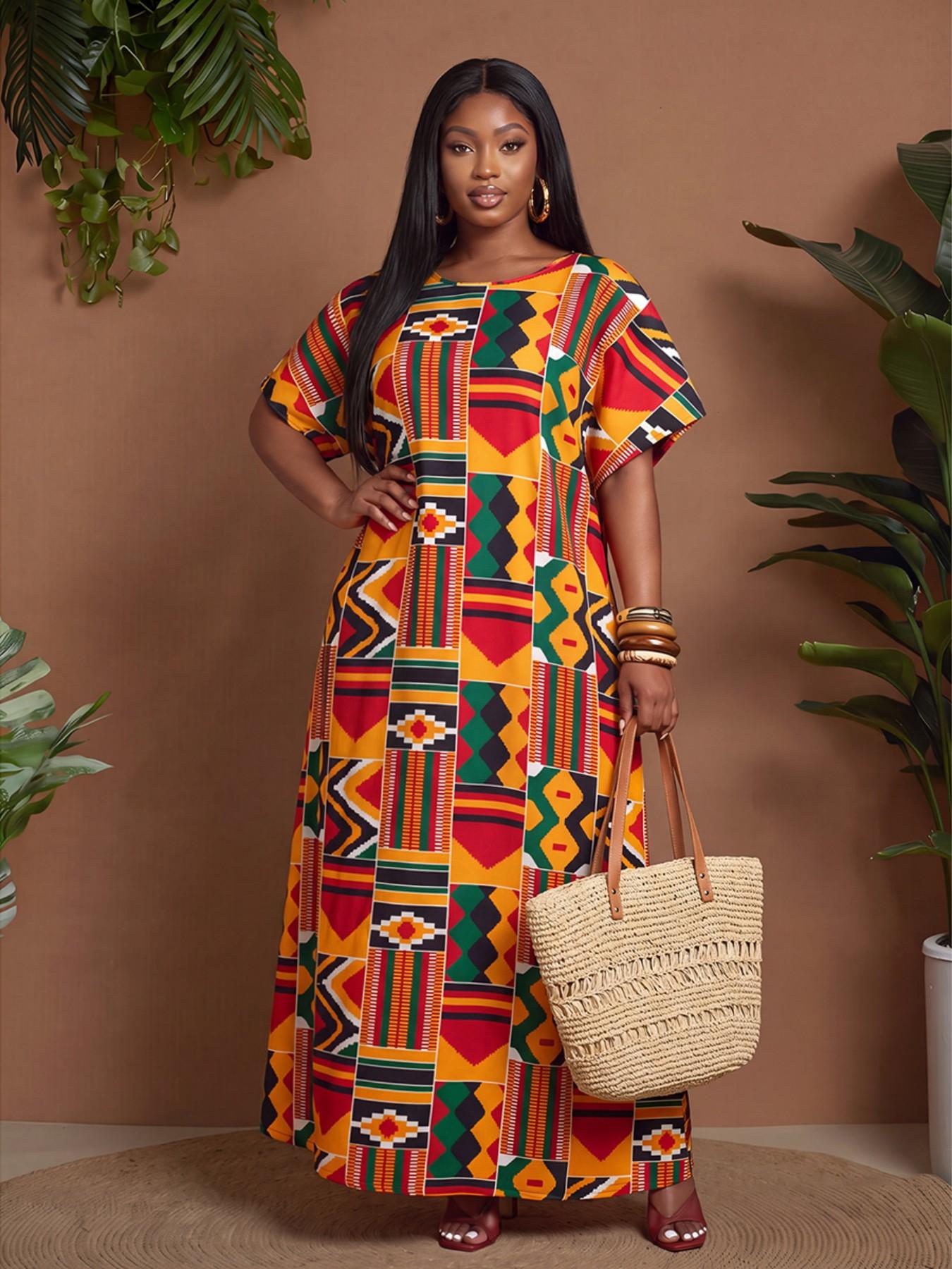 African Totem Print Long Dress, Bohemian Print Dress, Boho Style Loose Fit Short Sleeve Maxi Dress, Plus Size Home Beach Summer Vacation Dress, Vintage Exotic Wind, Casual