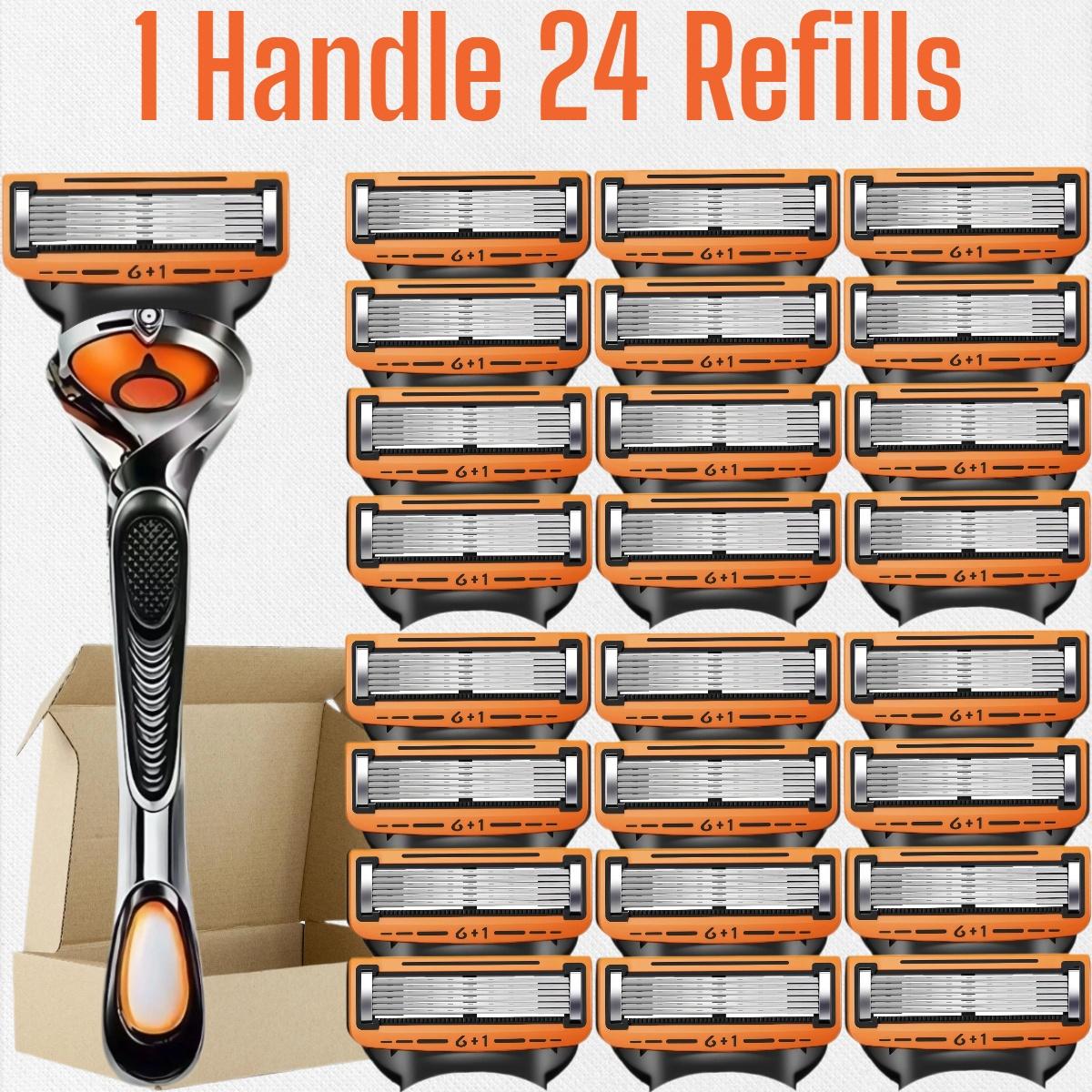 Men's Shaving Razor Set with 1 Handle and 12/24/36/48 Refills, Precision Trimmer, Stainless Steel Blades, Sealed Packaging