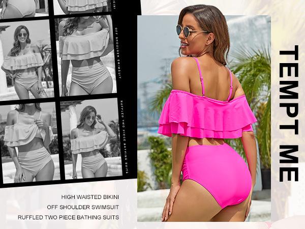 Tempt Me Women Two Piece High Waisted Bikini Set Tummy Control Bottoms Ruffle Swimsuits Off Shoulder Bathing Suits Plus Size Swimsuit with High Rise Bikini Bottom Strapless Swimsuits Scoop Neck