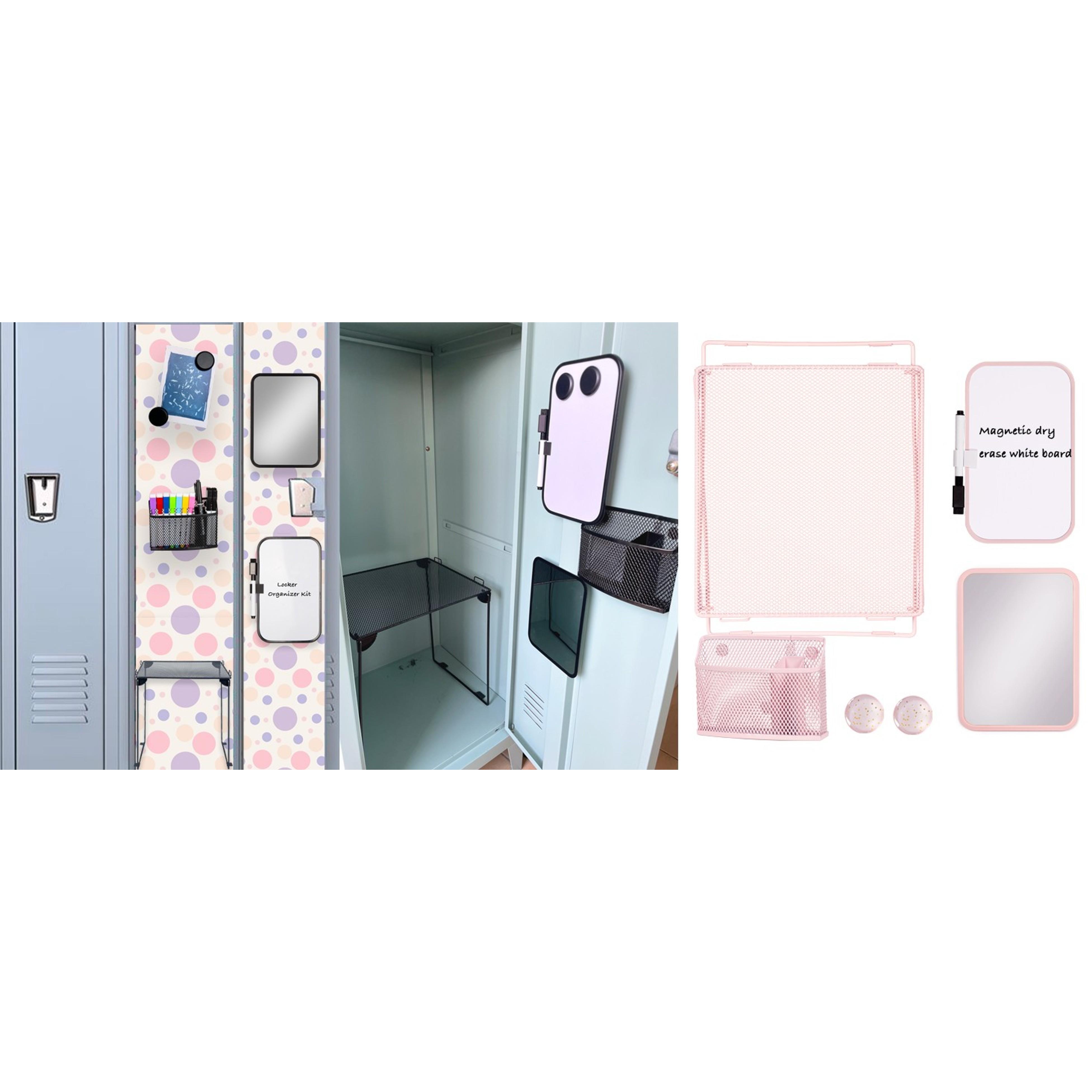 Pink Locker Accessories with Locker Shelf, Magnetic Mirror, Magnetic Pen Holder, Magnetic Small Whiteboard, Back to School Essentials Locker Decorations, 7 Piece Locker Organizer for Work