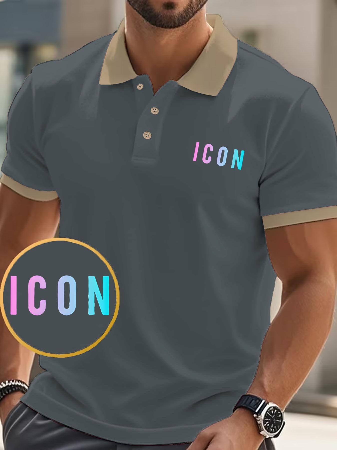 Trendy Versatile Golf Shirt, Summer Men's Retro Icon Logo Polo, Collar Button Casual Top, Short Sleeve Slim Fit, Spring & Fall