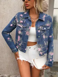 Vintage Floral Print Short Denim Jacket, Women's Casual Long Sleeve Denim Coat, Spring Fall Fashion Outerwear, Casual Cute Outerwear